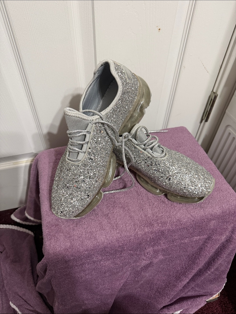 Sparkle Knit Silver Women's Athletic Sneakers - Picture 2 of 6